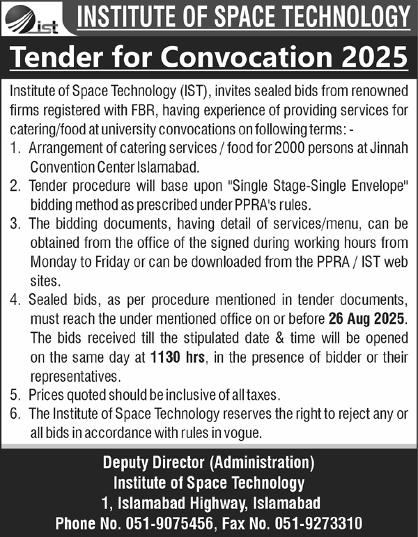 Institute of Space Technology Islamabad Tender Notice